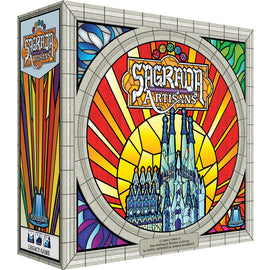 Sagrada: Artisans board game box featuring vibrant stained glass art depicting architectural elements inspired by the Sagrada Familia. The design includes colorful patterns and the title prominently displayed, showcasing the game's artistic theme and legacy gameplay.