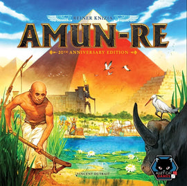 Amun-Re: 20th Anniversary Edition game box by Alley Cat Games, featuring vibrant artwork depicting ancient Egyptian scenery with a farmer, pyramids, and wildlife.