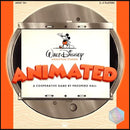 A colorful game box for 'Disney Animated', showcasing iconic Disney characters and the title boldly displayed. The design features a vintage film reel motif, highlighting its cooperative gameplay experience for 2-4 players, designed by Prospero Hall. The age recommendation is 10 and up, making it a fun choice for family game nights.