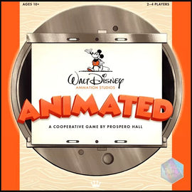 A colorful game box for 'Disney Animated', showcasing iconic Disney characters and the title boldly displayed. The design features a vintage film reel motif, highlighting its cooperative gameplay experience for 2-4 players, designed by Prospero Hall. The age recommendation is 10 and up, making it a fun choice for family game nights.