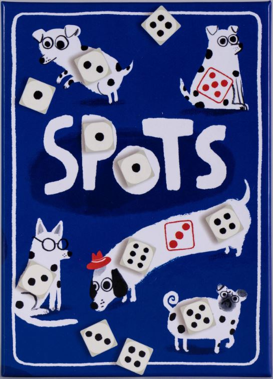 The game 'Spots' features playful illustrations of dogs with various accessories and dice scattered across a blue background. The title 'SPOTS' is prominently displayed, surrounded by charming dog characters, each with unique expressions and styles. The dice add a fun element to the design, emphasizing the game's interactive nature.