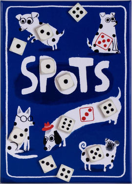 The game 'Spots' features playful illustrations of dogs with various accessories and dice scattered across a blue background. The title 'SPOTS' is prominently displayed, surrounded by charming dog characters, each with unique expressions and styles. The dice add a fun element to the design, emphasizing the game's interactive nature.