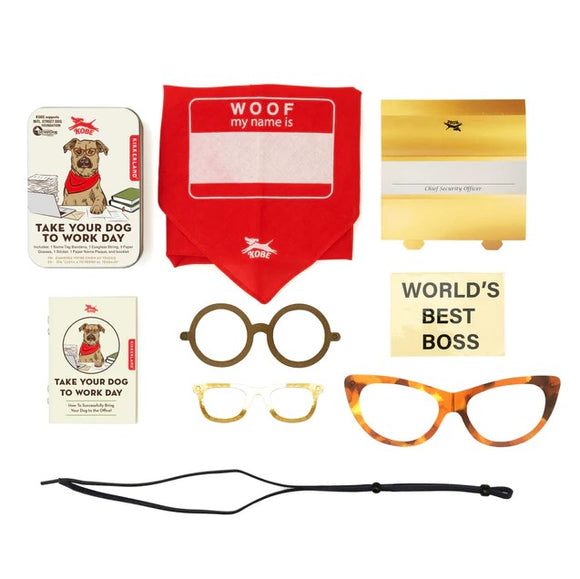 Kobe Take Your Dog to Work Day set by Kikkerland. Includes a red bandana with 'Woof, my name is' printed, playful glasses, a notepad labeled 'World's Best Boss,' and more. Perfect for creating a fun office atmosphere with your dog.