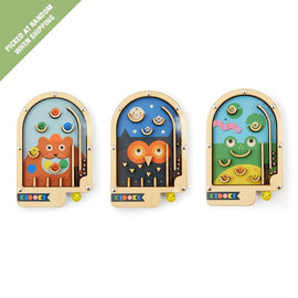 A collection of three wooden pinball games from Kikkerland, each uniquely designed with colorful characters such as a friendly bear, an owl, and a playful frog. The games feature smooth pathways and pegs, engaging for kids and adults alike. Perfect for family game nights or as a quirky gift, these pinball games offer interactive fun and nostalgic charm.