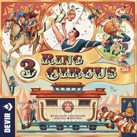 3 Ring Circus board game by Devir features vibrant, colorful illustrations of acrobats, circus performers, and a ringmaster. The art captures the lively atmosphere of a circus, showcasing a variety of acts including horse riding, juggling, and aerial performances, all set against a whimsical circus backdrop.