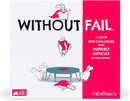 The game 'Without Fail' by Exploding Kittens features a colorful box design with playful bunnies performing various antics around a trampoline. The box prominently displays the title and subtitles, emphasizing its fun and challenging nature. Ideal for parties, this game promises easy challenges transformed into hilariously difficult tasks by friends.