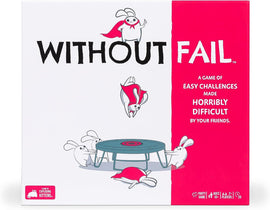 The game 'Without Fail' by Exploding Kittens features a colorful box design with playful bunnies performing various antics around a trampoline. The box prominently displays the title and subtitles, emphasizing its fun and challenging nature. Ideal for parties, this game promises easy challenges transformed into hilariously difficult tasks by friends.