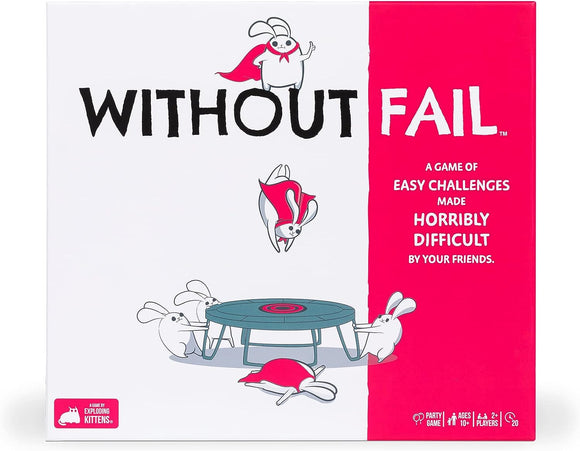 The game 'Without Fail' by Exploding Kittens features a colorful box design with playful bunnies performing various antics around a trampoline. The box prominently displays the title and subtitles, emphasizing its fun and challenging nature. Ideal for parties, this game promises easy challenges transformed into hilariously difficult tasks by friends.