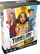 The box of the cooperative card game 'Timeline Twist' by Zygomatic features colorful illustrations of historical figures, including a pharaoh, a scientist, and an artist. The title is prominently displayed on the front, along with details indicating the game is designed for ages 8 and up, accommodates 2 to 6 players, and has an approximate playtime of 20 minutes. The packaging highlights the theme of teamwork and untangling time in a fun and engaging way.