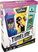 Timeline Twist Pop Culture game box featuring vibrant illustrations of a girl with sunglasses, an arcade game, and various pop culture elements like food and a UFO. The design emphasizes its cooperative gameplay for 2 to 6 players aged 8 and above, with a playtime of approximately 20 minutes.