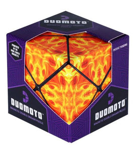 Duomoto: Inferno is a vibrant mechanical puzzle with a hexagonal design featuring a fiery orange and red color scheme. The puzzle is housed in a striking purple box with geometric patterns and branding, showcasing its innovative magnetic mechanism that engages users with a unique double origami challenge. Perfect for puzzle enthusiasts looking for a fun and inventive way to exercise their problem-solving skills.