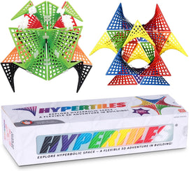 HyperTiles DIY kit by Geobenders, featuring colorful 3D building pieces in various shapes. The kit includes a box displaying the excitement of creating hyperbolic structures. Engaging and educational, perfect for developing spatial skills and creativity.