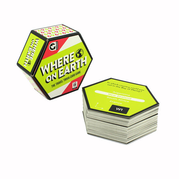 Where on Earth? 2023 Edition game by Ginger Fox. Features a hexagonal box with colorful graphics, including the game's title. A stack of trivia cards is displayed, each with a question and multiple choice answers about countries, enhancing your geographical knowledge. Perfect for travel enthusiasts and trivia lovers.