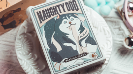 A box of Naughty Dog Playing Cards designed by 808 Magic and Bacon Playing Co. The packaging features a playful cartoon image of a mischievous dog holding a bone and a paw print design. The cards are perfect for game nights and family gatherings, adding a fun and whimsical touch.