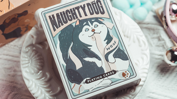 A box of Naughty Dog Playing Cards designed by 808 Magic and Bacon Playing Co. The packaging features a playful cartoon image of a mischievous dog holding a bone and a paw print design. The cards are perfect for game nights and family gatherings, adding a fun and whimsical touch.