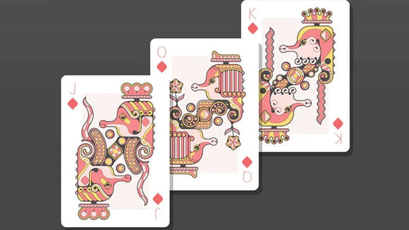 Bicycle Little Atlantis Day Playing Cards featuring unique designs with ornate and colorful illustrations of sea creatures on the face cards, showcasing a playful and whimsical aesthetic ideal for games and card enthusiasts.