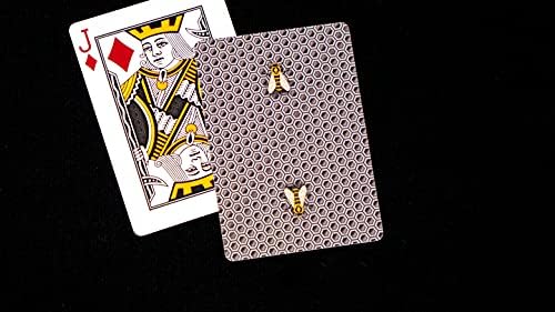 The Bicycle Honeybee card game by US Playing Card Co. features a vibrant design with a distinctive honeybee motif and classic playing cards. The image shows a card deck, including a Jack of Diamonds and a back design showcasing honeybee elements, perfect for family game nights or gatherings.