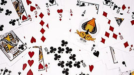 An assortment of colorful playing cards fanned out, featuring the Bicycle Honeybee design by US Playing Card Co. The unique card faces include intricate illustrations with a honeybee motif on the Ace.