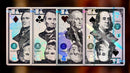 A set of Legal Tender Luxury Playing Cards by Kings Wild displayed face up. Each card features iconic American figures depicted in a dollar bill style design, showcasing vibrant colors and intricate details.