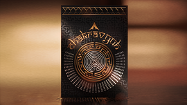 Chakravyuh Playing Cards by Legends Playing Card Co. The deck features a unique black design with intricate gold patterns, showcasing a central maze motif that symbolizes strategic challenge. Perfect for card games and enthusiasts.