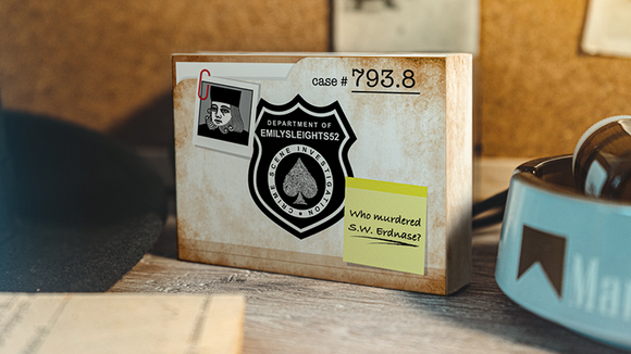 CSI Playing Cards by Emily Sleights featuring a detective-themed design. The box includes a badge-shaped logo with the words 'Department of EMILYSLEIGHTS52' and a sticky note asking 'Who murdered S.W. Erdanese?'. The cards are stylishly packed, with a focus on mystery and investigation, perfect for themed game nights.