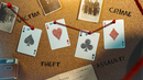 A close-up of CSI Playing Cards displayed on a corkboard, featuring four playing cards: Ace of Hearts, Ace of Spades, Ace of Diamonds, and Ace of Clubs. String connects these cards to words like 'Victim', 'Theft', 'Crime', and 'Assault?' alongside vintage photographs and notes, creating a detective's investigation theme.