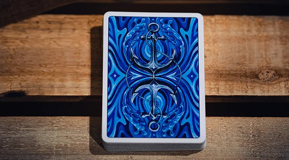 False Anchors V4 Playing Cards in Deep Sea design, featuring a vibrant blue background with intricate patterns and anchor illustrations. The high-quality finish enhances the visual appeal, perfect for card games or as a collector's item.