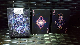 The Avengers Spider-Man Neon game features custom playing cards designed by Murphy's Magic. The card pack shows a vibrant design with Spider-Man and neon colors, highlighting an ace and a jack of diamonds, set against a striking background.