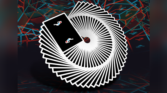 A visually striking display of 3D playing cards featuring a unique design by Nacho Montenegro. The cards are fanned out in a circular pattern, showcasing their intricate graphics against a colorful backdrop of abstract shapes.