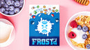 Frost'd Playing Cards by Howlin' Jack's displayed on a colorful background. The box features a vibrant blue design with playful graphics, including ice-inspired elements. Surrounding the box are fresh blueberries, raspberries, and cereal, suggesting a fun and casual gaming atmosphere.