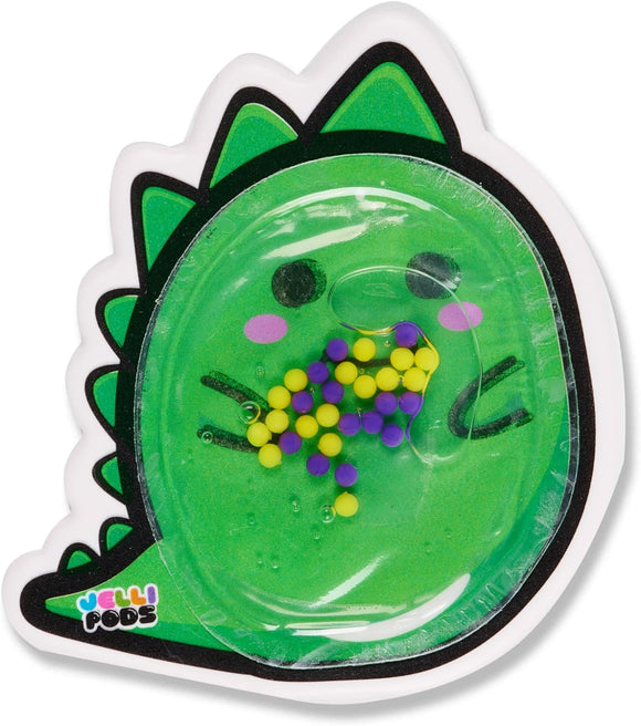 A green dinosaur-shaped sensory fidget toy from Jelli Pods. The toy features a textured surface with colorful beads inside, inviting tactile play. Its playful design includes small eyes and spikes along the head, enhancing its fun appearance.