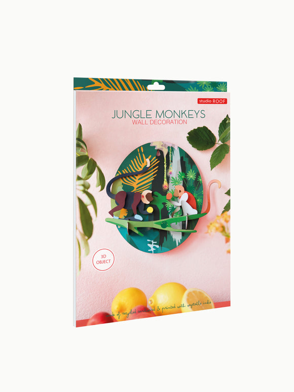 Studio Roof's Jungle Monkeys DIY kit features colorful paper monkeys and lush greenery, designed for wall decoration. The kit includes intricately designed elements to create a 3D jungle scene, perfect for adding a vibrant touch to any room. Ideal for art enthusiasts and children alike, it promotes creativity and fun in crafts.