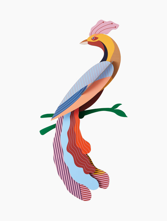 A colorful paper bird model titled 'Paradise Bird, Obi' made by Studio Roof. The intricately designed bird features vibrant colors, unique patterns on its wings, and is perched on a green branch. This DIY kit is perfect for creative crafting enthusiasts looking to enhance their decor with artistic flair.