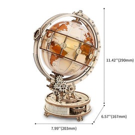 The Luminous Globe by Robotime is an intricate DIY kit featuring a beautifully designed globe on a mechanical base. The globe is made with a transparent surface displaying world maps in warm colors, illuminated from within to create a soft glow. With a height of 11.42 inches and a base diameter of 7.99 inches, this globe showcases detailed gears and an elegant design, perfect for craft enthusiasts and as a decorative piece.
