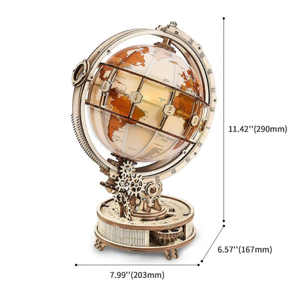 The Luminous Globe by Robotime is an intricate DIY kit featuring a beautifully designed globe on a mechanical base. The globe is made with a transparent surface displaying world maps in warm colors, illuminated from within to create a soft glow. With a height of 11.42 inches and a base diameter of 7.99 inches, this globe showcases detailed gears and an elegant design, perfect for craft enthusiasts and as a decorative piece.