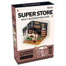 A DIY kit box for the Daily Inspiration Cafe by Robotime. The box features a detailed image of a miniature coffee shop scene complete with a coffee counter, seating, and decor elements. The kit is designed for ages 8 and up and includes LED lights, making it a perfect creative project for enthusiasts. The packaging highlights its engaging design and the fun of assembling the mini cafe.