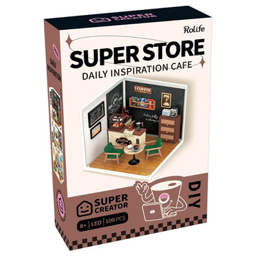 A DIY kit box for the Daily Inspiration Cafe by Robotime. The box features a detailed image of a miniature coffee shop scene complete with a coffee counter, seating, and decor elements. The kit is designed for ages 8 and up and includes LED lights, making it a perfect creative project for enthusiasts. The packaging highlights its engaging design and the fun of assembling the mini cafe.