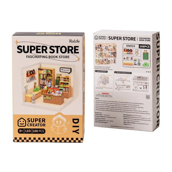 A detailed product box for the 'Fascinating Book Store DIY' kit by Robotime. The front features an illustrated model of a cozy bookstore interior with led lighting. The back of the box displays instructions and additional details about the contents, which include 108 pieces for crafting the miniature store. It's a creative, engaging DIY project suitable for ages 8 and up.