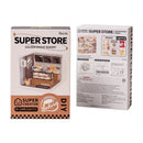 Golden Wheat Bakery DIY kit by Robotime, featuring a detailed miniature bakery display with various baked goods, shelves, and decorative elements. The packaging showcases an interactive design with LED features and 110 pieces for assembly, suitable for ages 8 and above. The back of the box provides assembly instructions and a warning about small parts.