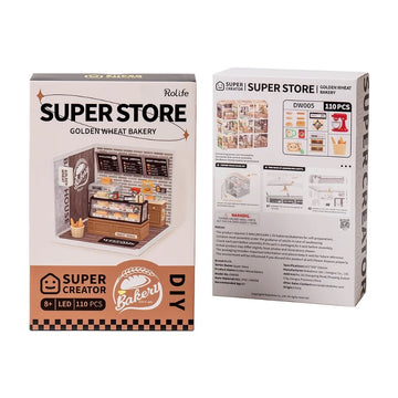 Golden Wheat Bakery DIY kit by Robotime, featuring a detailed miniature bakery display with various baked goods, shelves, and decorative elements. The packaging showcases an interactive design with LED features and 110 pieces for assembly, suitable for ages 8 and above. The back of the box provides assembly instructions and a warning about small parts.