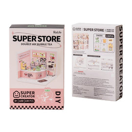The Double Joy Bubble Tea DIY kit by Robotime showcases a vibrant bubble tea shop model. The front features colorful signage and an inviting interior with counters, equipment, and decorations, while the back provides details on assembly and included parts. The kit includes 130 pieces and an LED light, ideal for creative building enthusiasts aged 8 and up.