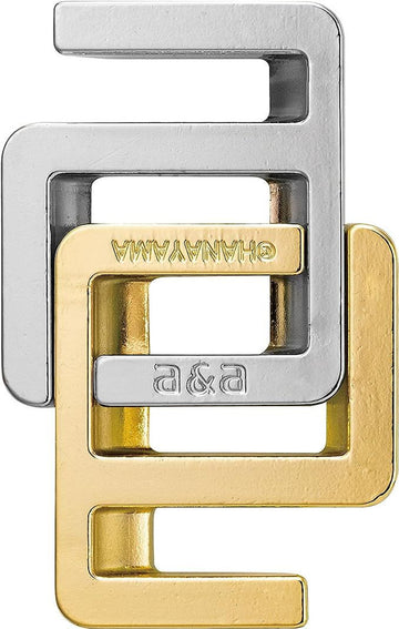 Cast A&A mechanical puzzle by Hanayama features interlocking metallic pieces in silver, gold, and bronze colors. Designed to challenge and engage problem-solving skills, this unique puzzle combines elegant aesthetics with cognitive stimulation.