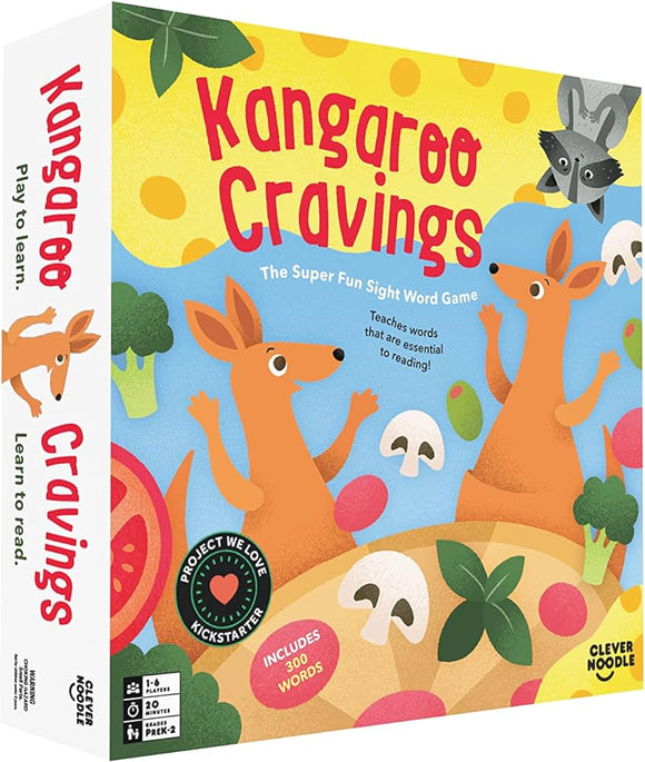Kangaroo Cravings by Clever Noodle is a colorful sight word game designed for young learners. The game box features playful illustrations of kangaroos and various food items, emphasizing its fun and educational purpose. It includes 300 sight words crucial for early reading skills and is suitable for 1-6 players, with a gameplay duration of about 20 minutes, targeting pre-K to 2nd-grade children.