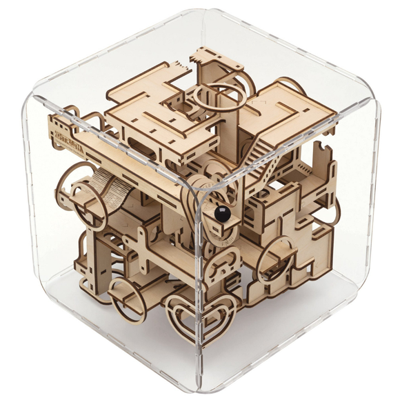 Intrism Pro DIY kit featuring a complex mechanical puzzle encased in a clear cube. The intricate design showcases various cut-out shapes and pathways, emphasizing craftsmanship and creativity. Perfect for puzzle enthusiasts and DIY lovers, offering a unique and engaging challenge.