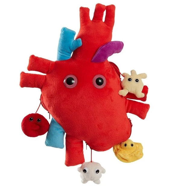 The Heart XL Plushie by Giantmicrobes features a large, vibrant red heart design with quirky, oversized googly eyes. It is adorned with various colorful smaller plush shapes representing bacteria, including a blue one on the side and others in yellow, white, and red. This cute and educational plush is perfect for kids and adults alike, bringing a fun and friendly touch to learning about the heart and body.
