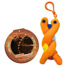 A bright and colorful DNA keychain made by Giantmicrobes, featuring an adorable plush representation of DNA structure with bright orange, blue, and yellow colors. The keychain includes a colorful tag that reads 'DNA (Deoxyribonucleic acid)' with the text 'actual size' and '1,000,000x' printed in bold, showing the whimsical educational nature of the product.