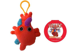 A plush Heart Organ Keychain by Giantmicrobes, featuring a red heart-shaped design with colorful details resembling heart anatomy. It has large, adorable eyes and a yellow clip for easy attachment to bags or keys. A circular tag showcases the product name and brand.