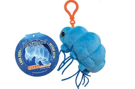 A colorful plush Waterbear keychain made by Giantmicrobes. The keychain features a vibrant blue representation of a tardigrade, complete with soft textures and a sturdy orange clip for easy attachment. It comes with a tag that reads 'Waterbear' and 'actual size' information, emphasizing its cute design and educational value.
