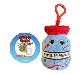 Colorful keychain featuring a soft, plush representation of a COVID-19 vaccine vial, complete with a red cap and cartoon eyes. Accompanied by a circular tag labeled 'COVID-19 Vaccine' and the Giantmicrobes logo, this item makes a fun and educational accessory.