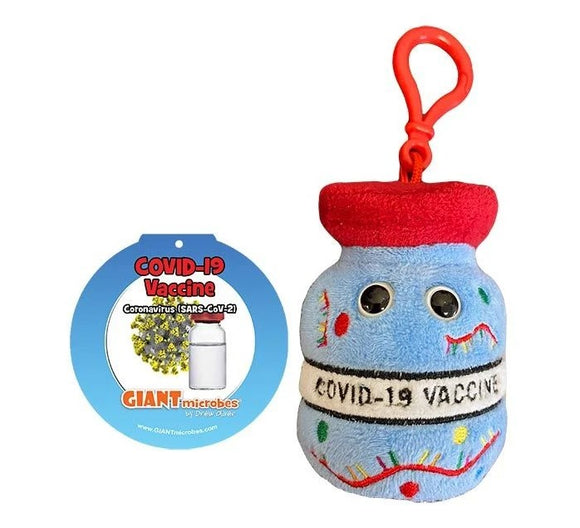 Colorful keychain featuring a soft, plush representation of a COVID-19 vaccine vial, complete with a red cap and cartoon eyes. Accompanied by a circular tag labeled 'COVID-19 Vaccine' and the Giantmicrobes logo, this item makes a fun and educational accessory.